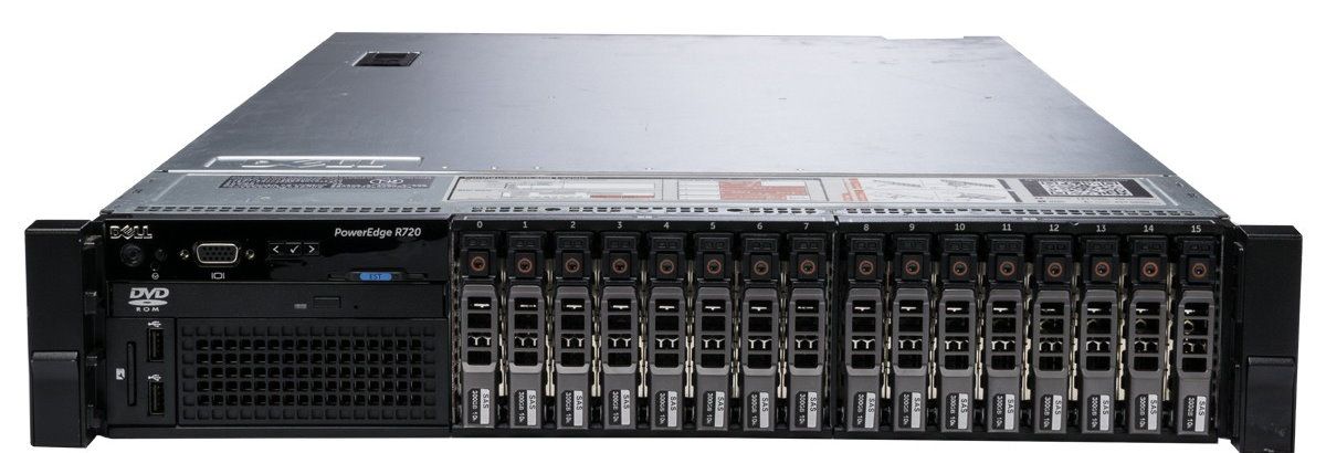 Ноутбук Сервер Dell R720 SFF, 2U, 32GB, 2x Xeon E5-2620; (2.0/2.5GHz, 6 cores, 12 threads, 15M Cache, 7.2GT/s), 2-Socket, RAM: 32GB (8x4GB) DDR3 1333MHz (24 слота DDR3 RDIMM, UDIMM, and LRDIMM), RAID: Perc H710p Mini; SAS2: Perc H710P, LAN: 4х 1G, PSU: 2x 750W, 1