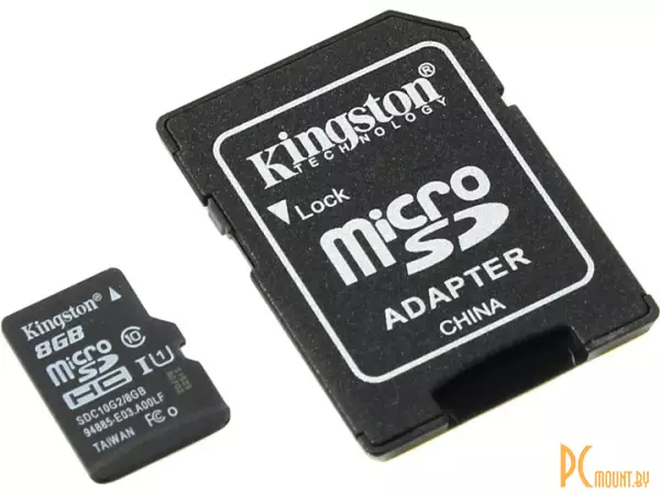 Карта памяти MicroSDHC, 8GB, class 10, UHS-I, Kingston SDC10G2/8GB + adapter