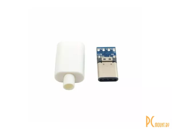 Type-C, Разъем USB 3.1, DIY, White Plastic Cover,  male, монтаж на кабель