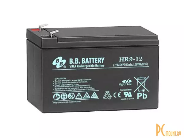 Источник бесперебойного питания аккумулятор B.B. Battery HRL9-12, AGM, 12 В, 9 А·ч, макс. ток 120 А, клеммы T2, 151x65x94 мм, 2.75 кг, срок службы: 10 лет