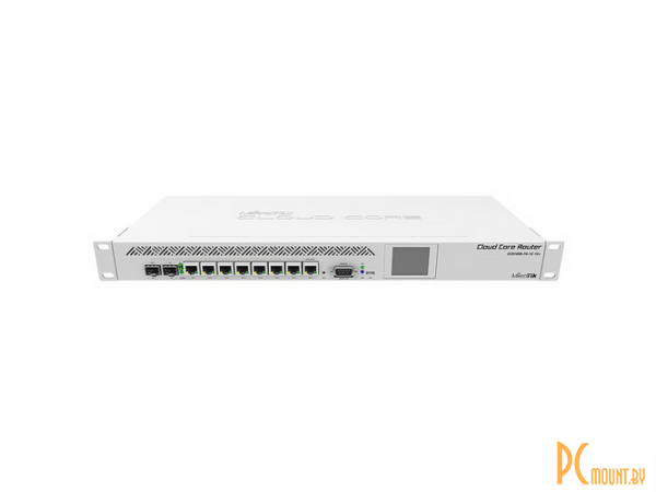 Router 1U 19" Rack Mount. Ethernet 7x 10/100/1000 1x SFP/RJ45, 1x SFP. Serial. PoE. micrUSB, SmartCard, LCD touchscreen {5}, (001849) CCR1009-7G-1C-1S+