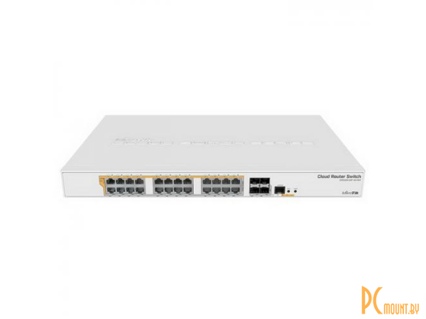 Cloud Router Switch with 800 MHz CPU, 512MB RAM, 24xGigabit LAN (all PoE-out), 4xSFP+ cages, RouterOS L5 or SwitchOS (dual boot), 1U rackmount case, 500W built-in PSU {2} (002228) CRS328-24P-4S+RM
