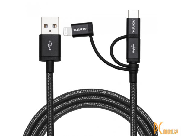 USB Cable ADATA Lightning-USB  1m, 3-in-1: Lightning, microUSB, USB 2.0 Type A, USB-C, 2.4A-rated copper wires, Apple MFi-certified, Black, RTL AMCL23IN1-1MK-CBK