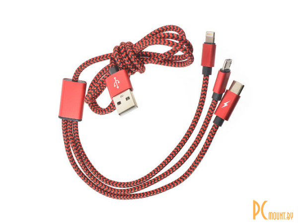 USB A/B/Micro/Mini/Type-C: Robiton P12 Multicord Micro-USB Type-C + Lightning 8pin 1m Red 15191