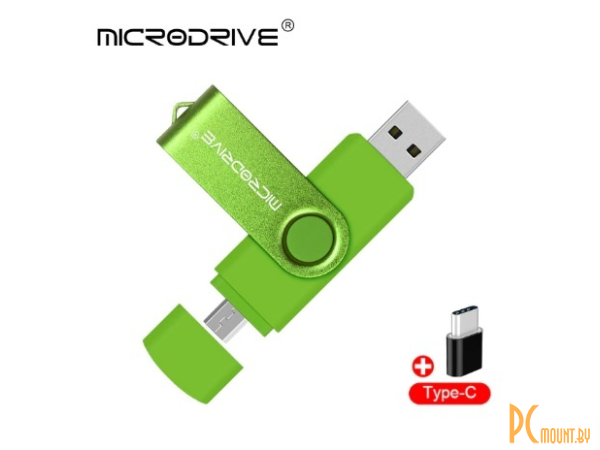 USB память 32GB, Microdrive OTG Micro-USB + Type-C Green