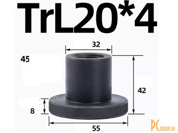 Гайка фланцевая Tr20x4x4 (однозаходная), ЛЕВАЯ резьба трапеция, сталь 45