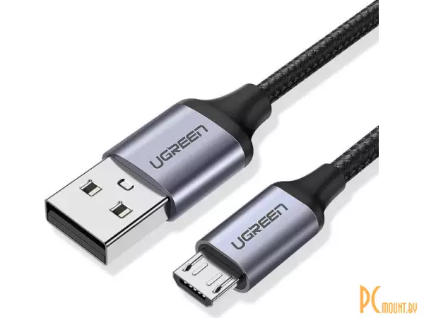 Кабель UGREEN US290-60146, USB-A 2.0 to Micro USB, 2A, в нейлоновой оплётке, 1m, Black