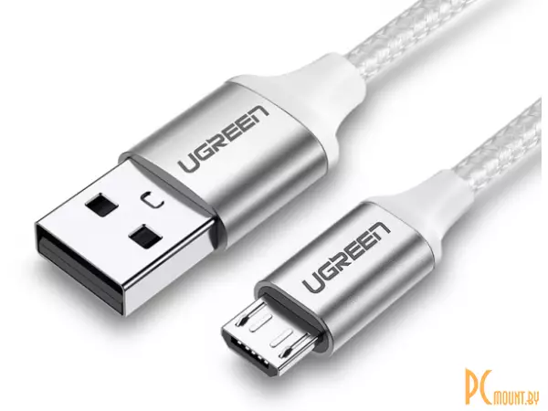 Кабель UGREEN US290-60153, USB-A 2.0 to Micro USB, 2A, в нейлоновой оплётке, 2m, White