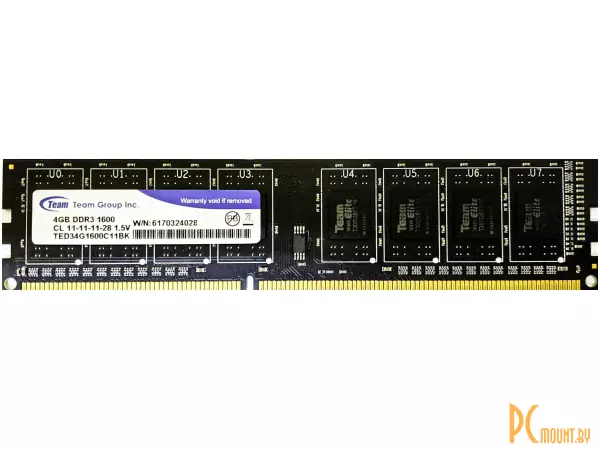 Память оперативная DDR3, 4GB, PC12800(1600MHz), Team TED34G1600C11BK
