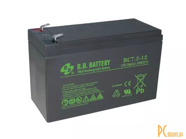 Источник бесперебойного питания аккумулятор BB Battery ВС7-12, AGM, 12 В, 7 А·ч, макс. ток 105 А, клеммы T2, 151x65x94 мм, 2.2 кг