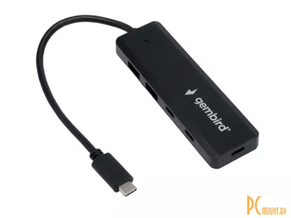 хаб USB UHB-C425 Gembird 2xUSB, 2xType-C, с доп.питанием (порт Type-C), кабель Type-C 19см, черный UHB-C425